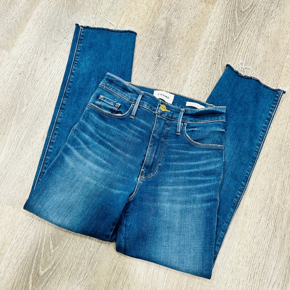 FRAME Le Pixie Sylvie Slender Straight Jeans Decades Blue High Rise 25 Raw Hem